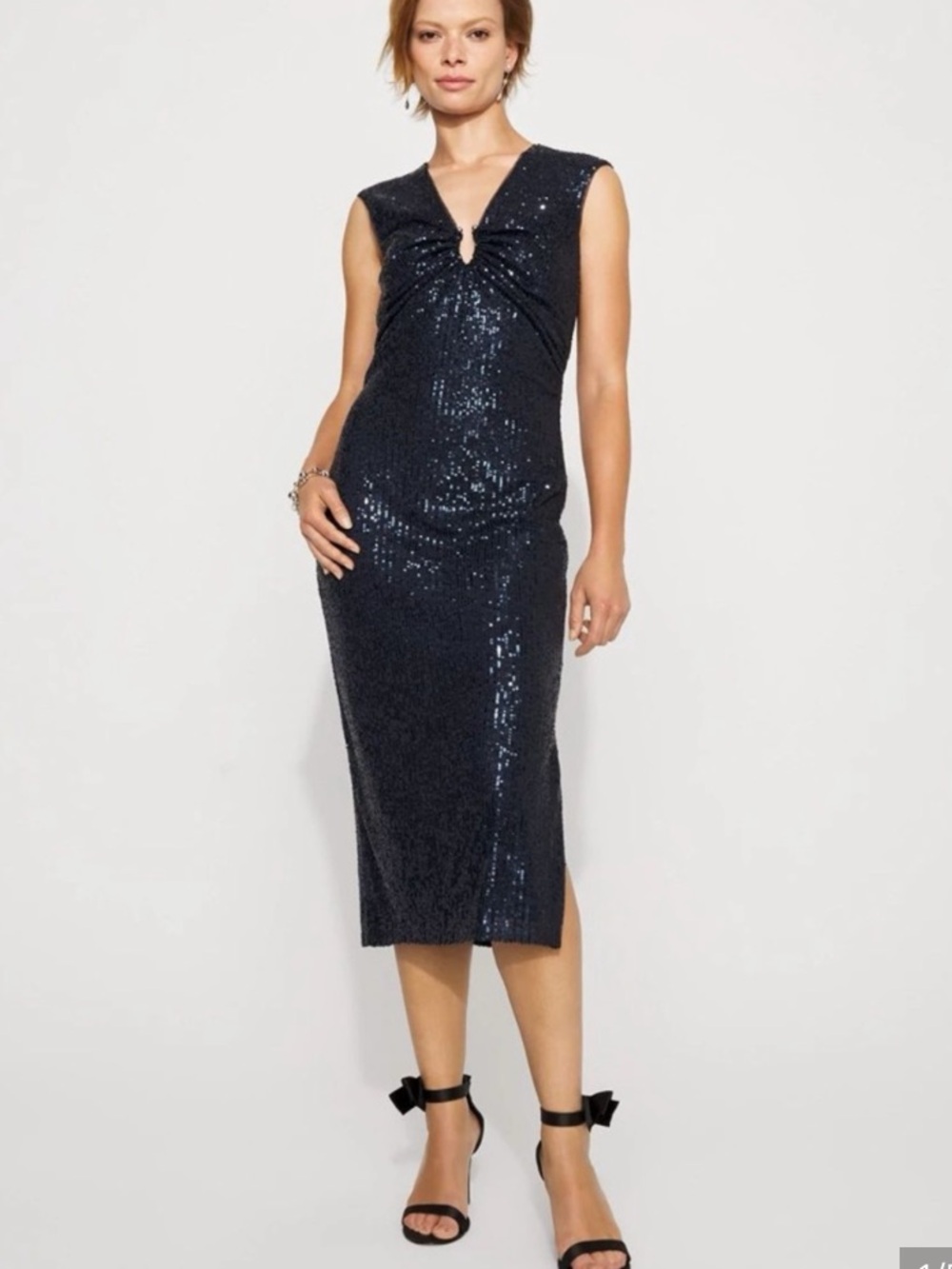 White House Black Market Navy Sequin Midi Dress with Keyhole Front XS new